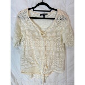 French Laundry Cream Lace Boho Tie Front Blouse Top Women's‎ Size L